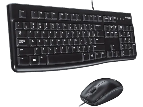 Pack Teclado + Ratón | Logitech Desktop MK120, Cable, USB, Ratón ambidiestro, Resistente a salpicaduras, Teclado numérico, Negro