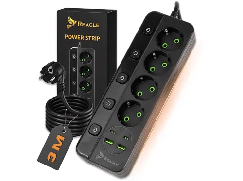 Power Strip | Protector contra sobretensiones 3M 4 tomas 2x USB 2x USB-C REAGLE REAGLE, Negro