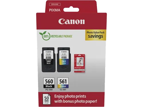 Cartucho de tinta | Canon PG-560/CL-561, 7.5 ml y 8.3 ml, 180 páginas, Negro y Color (cian, magenta, amarillo)