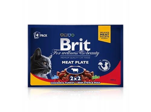 Comida húmeda para gatos | BRIT Sobres para Gatos MEAT PLATE 400g (4x100g), 0,4 kg, para Gato