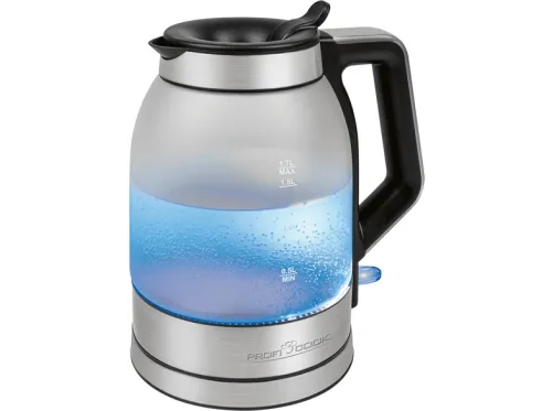 Hervidor de agua | PROFICOOK WKS 1215G, Hervidor Agua Eléctrico, 1,7 L, sin BPA, Resistencia Oculta, Inalámbrico, Apagado Automát, 2200 W, 1.7 l, Plata
