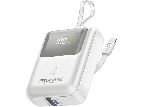 Power Bank | PROMATE Powerpod-10 3-en-1 con Cable Incorporado, 10000 mAh, Blanco