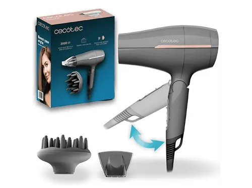 Secador | CECOTEC IoniCare Power&Go Heaven Grey, 2000 W, 2 niveles temperatura, 1 velocidades, Difusor incluido, Gris