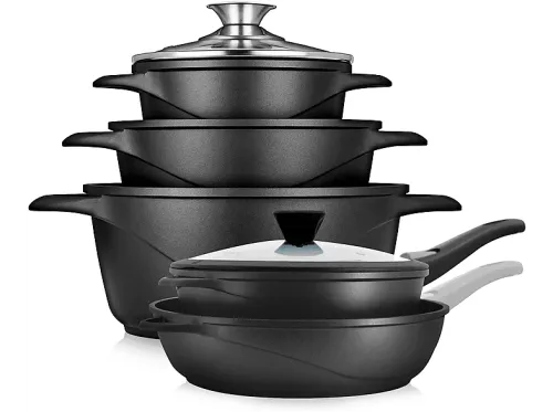 Batería de cocina | BRIEBE MGK1819, Batería de Cocina Inducción 10 Piezas Aluminio Fundido 3 Ollas 2 Sartenes Antiadherente, 4 l, Aluminio Fundido, Negro