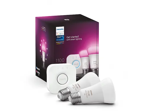 Bombilla inteligente | PHILIPS HUE Kit hue, Casquillo E27, Control por voz, Regulador de intensidad, Multi