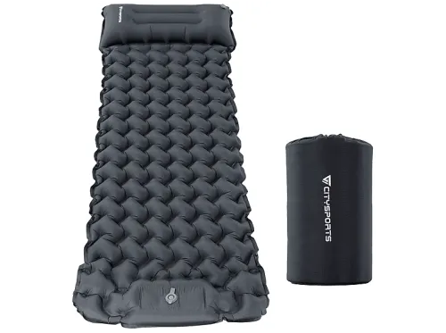 Esterilla de Camping | CITYSPORTS ISP1 con almohada y bomba de pie cámping, Carga máxima 200 kg, Gris