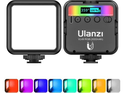 Luz LED Portátil Magnética para Video y Fotografía | VL49 RGB 800LUX, CRI 95+, Brillo, Tono y Temperatura ajustable, 2000mAh, Rosca 1/4 ULANZI, 359 colores y 13 efectos especiales