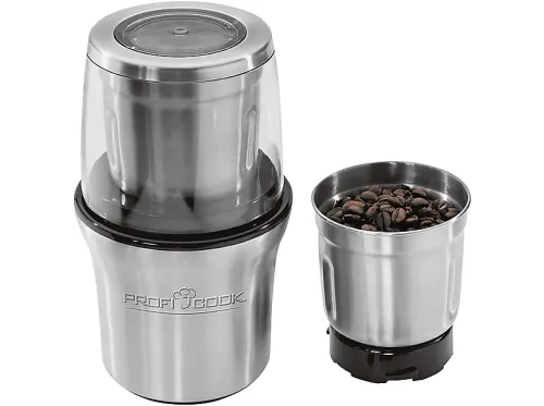 Molinillo de café | PROFICOOK KSW 1021, Molinillo Café Eléctrico, Picador Multiusos, 85 g café, Dobles Cuchillas y 2 Vasos en Acer, 75 g, Plata