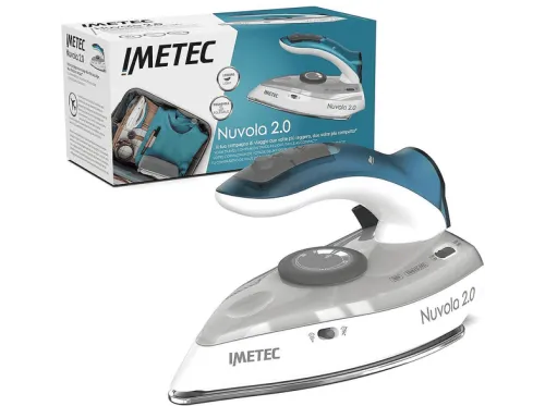 Plancha de viaje | IMETEC Nube 2.0 1000W | Doble Voltaje y Mango Plegable | Acero Inoxidable, 50 ml, Azul y gris