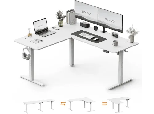 Mesa escritorio regulable | SENSE7 Nojo Light Corner, 160 cm x 140 cm, blanco