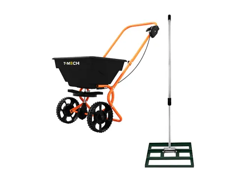Rastrillo nivelador de césped | Nivelador de Césped T-Mech de 50 cm (Verde) y Esparcidor Rotativo MONSTER, Verde