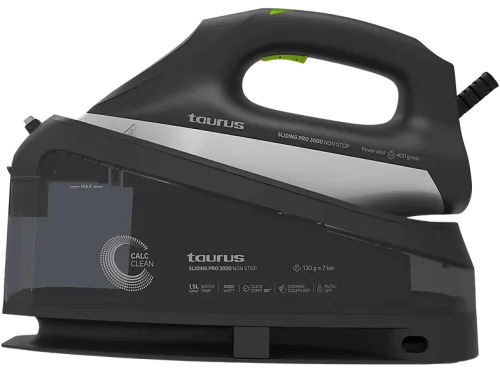 Centro de planchado | TAURUS SLIDING PRO 3000 NON STOP, 3,000 W, 300 g/m, 1 bar, Cerámica, Negro