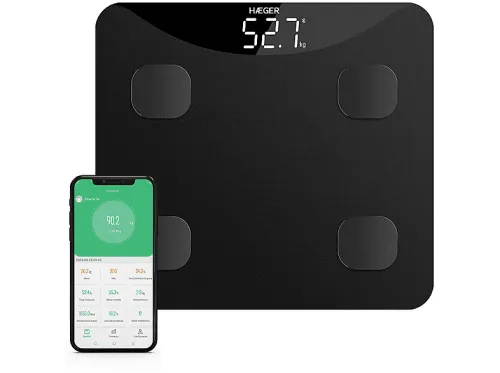 Báscula de baño | HAEGER InteliScale, Peso máximo 180 kg, Batería/s AAA, Indicador Masa Corporal (IMC), Bluetooth, Negro