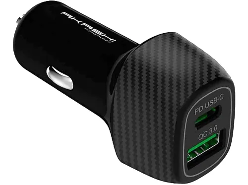 Adaptador | AKASHI Akashi Cargador doble de mechero USB TIPO C 20W+USB-A QC3.0 color negro, 4 puertos, NEGRO