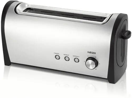 Tostadora | HAEGER HAEGER DESAYUNO, 1000 W, 1 ranuras, 2 rebanadas, Control regulable del dorado de la corteza niveles tostado, INOX