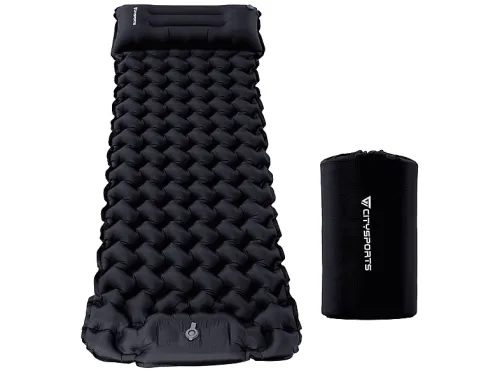 Esterilla de Camping | CITYSPORTS ISP1 con almohada y bomba de pie cámping, Carga máxima 200 kg, Negro