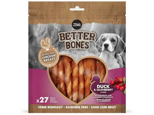 Snack para perros | ZÖE Twists envueltos en pollo Better Bones Pack de 27 - Pato, 308 g, para Perro