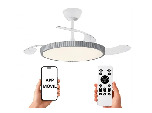 Ventilador de techo con luz LED | NARVI MANHATTAN WH+GR, 90 V, 6 velocidades, Aspas retráctiles, Blanco y Gris