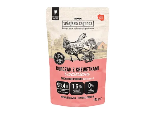 Comida húmeda para gatos | WIEJSKA ZAGRODA Pollo con gambas y valeriana 100g, 100 g, para Gato