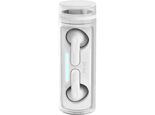Auriculares True Wireless | PEAQ Rolling, 19h Autonomía, IPX3, Bluetooth, Micrófono, Control Táctil, Dual Pairing, Blanco