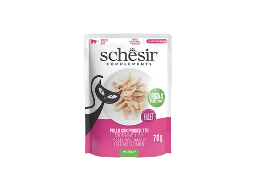 Comida húmeda para gatos | SCHESIR Comida Húmeda de Filetes de Pollo con Jamón, 70 g, para Gato